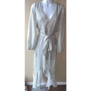 NSR Chiffon Morgan Midi Flutter Dress Long Sleeve Tie Waist in Olive Size Small